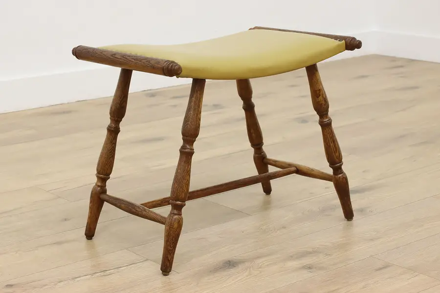 Photo of Oak Antique Saddle Shape Bench Faux Leather