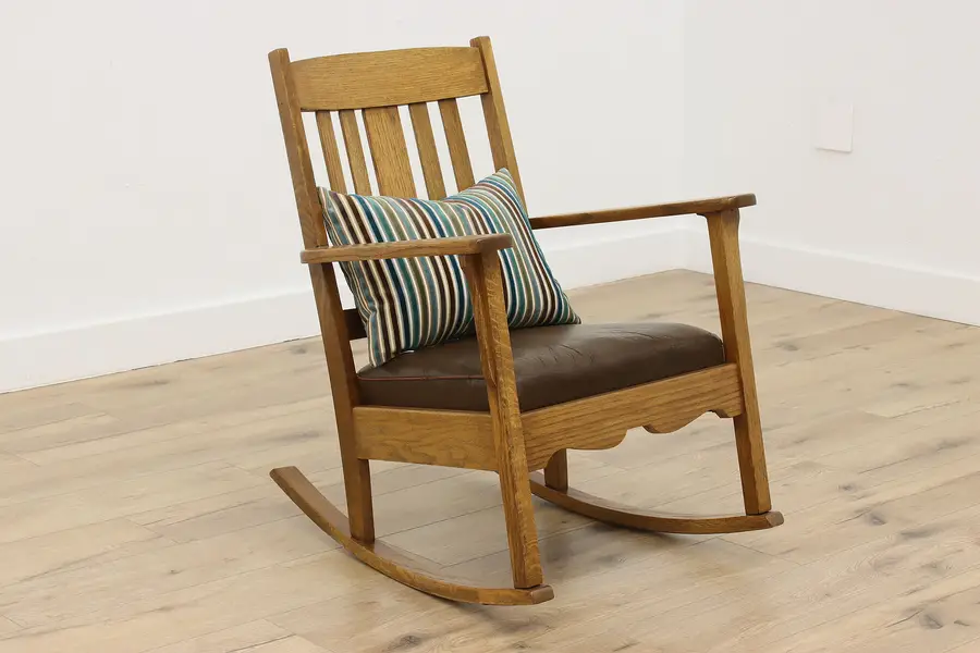 Photo of Arts & Crafts Mission Oak Antique Rocking Chair Leather