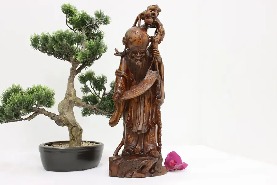 Photo of Chinese Antique Carved Teak Shou Lao Longevity God Sculpture