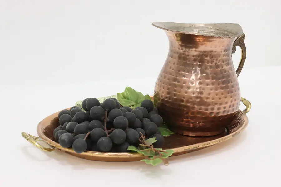 Photo of Vintage Turkish Hammered Copper Tray & Pitcher Set