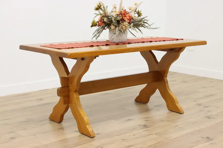 Photo of Dutch Trestle Base Vintage Farmhouse Oak Dining Table Signed