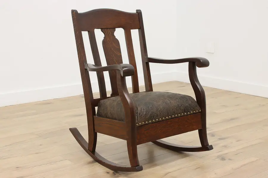 Photo of Empire Antique Carved Oak & Embossed Leather Rocker
