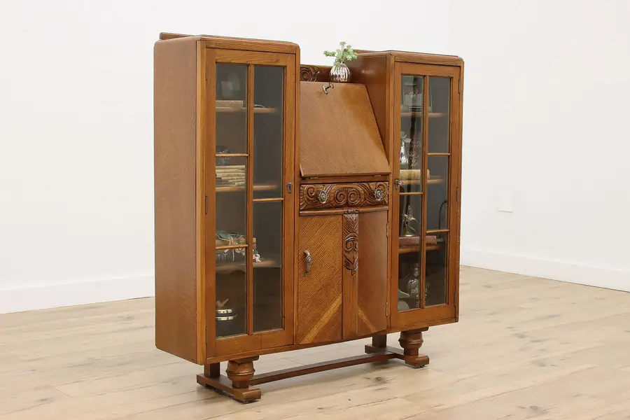 Photo of Art Deco Antique Oak Secretary Desk Bookcase or Bar Scully