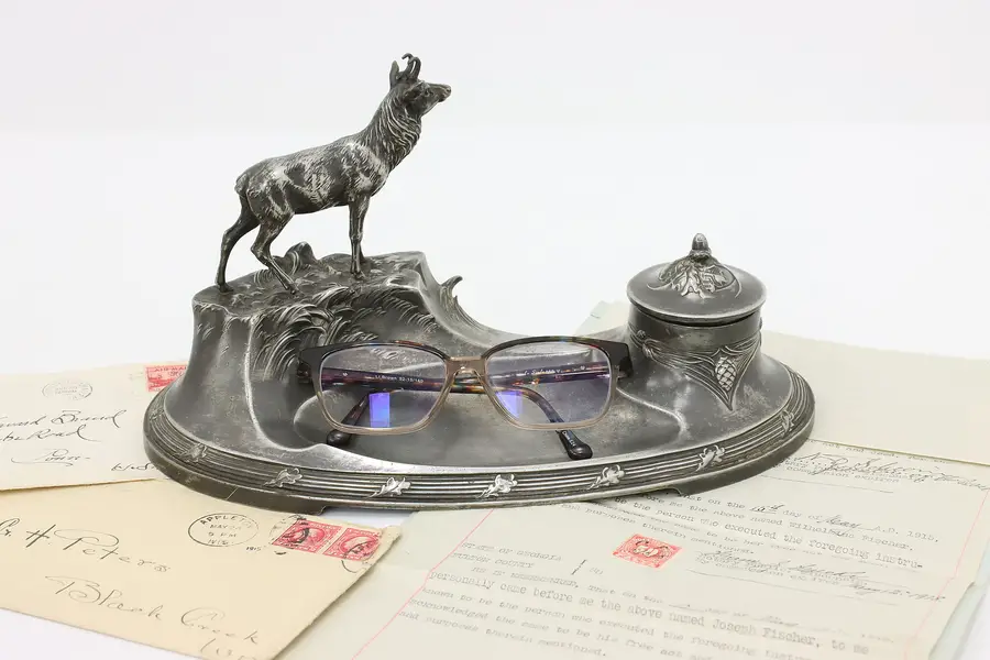 Photo of Farmhouse Antique Pewter Desktop Inkwell, Mountain Goat
