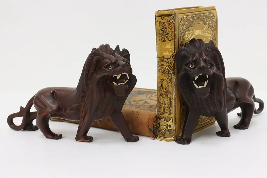 Photo of Pair of Chinese Vintage Rosewood Roaring Lion Sculptures