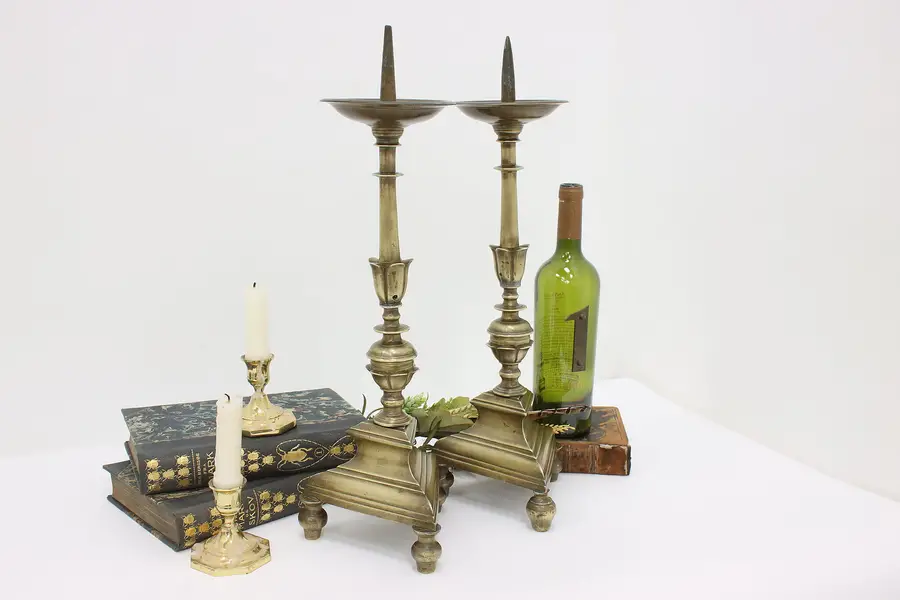 Photo of Pair of French Gothic Antique Bronze Altar Candlesticks