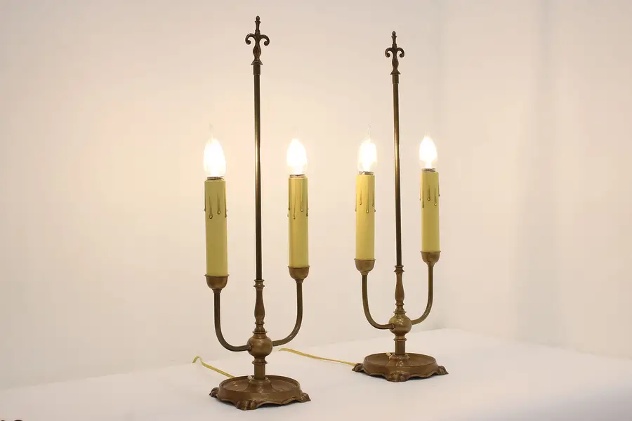 Photo of Pair of Tudor Antique Brass Library or Office Candelabras
