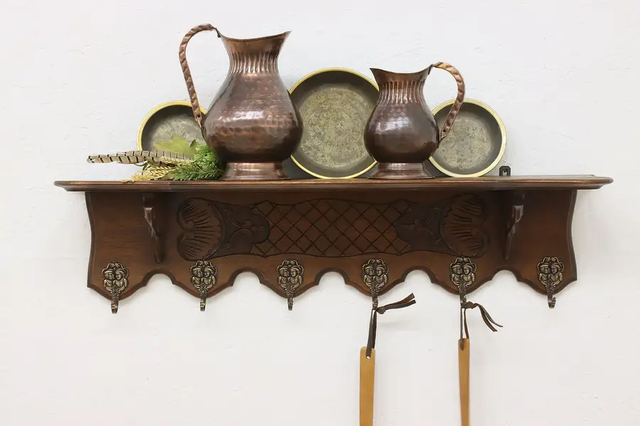 Photo of Dutch Antique Carved Oak Coat, Hat, & Display Wall Rack