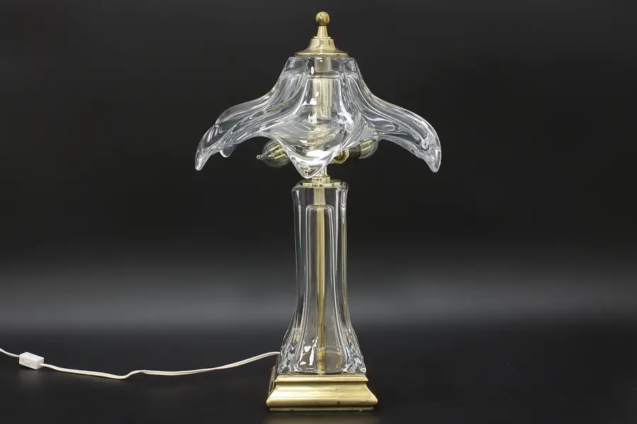 Photo of Flower Shaped Blown Crystal & Brass Lamp