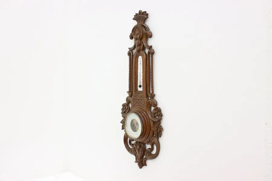 Photo of French Antique Carved Walnut Thermometer & Barometer