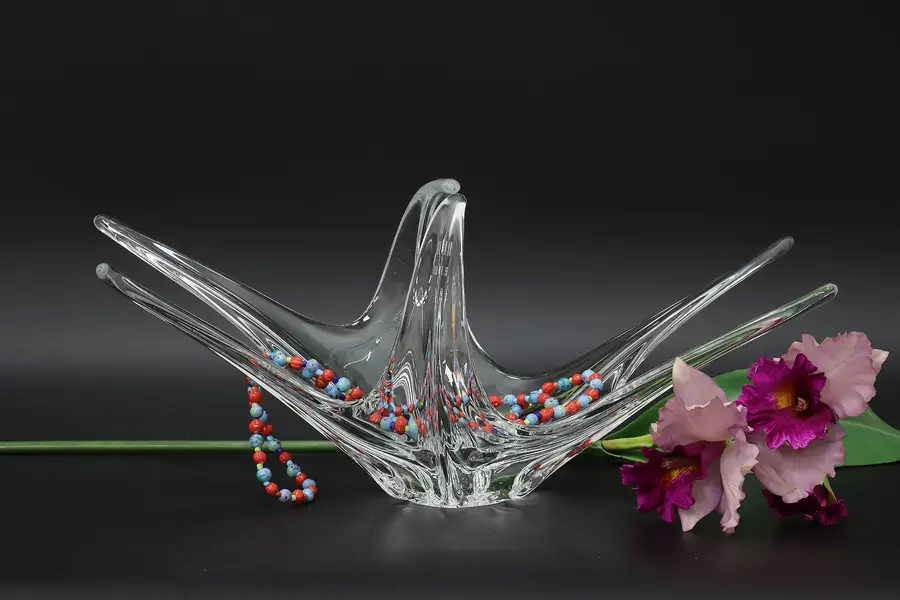 Photo of Clear Blown Glass Vintage Centerpiece Sculpture Bowl Signed