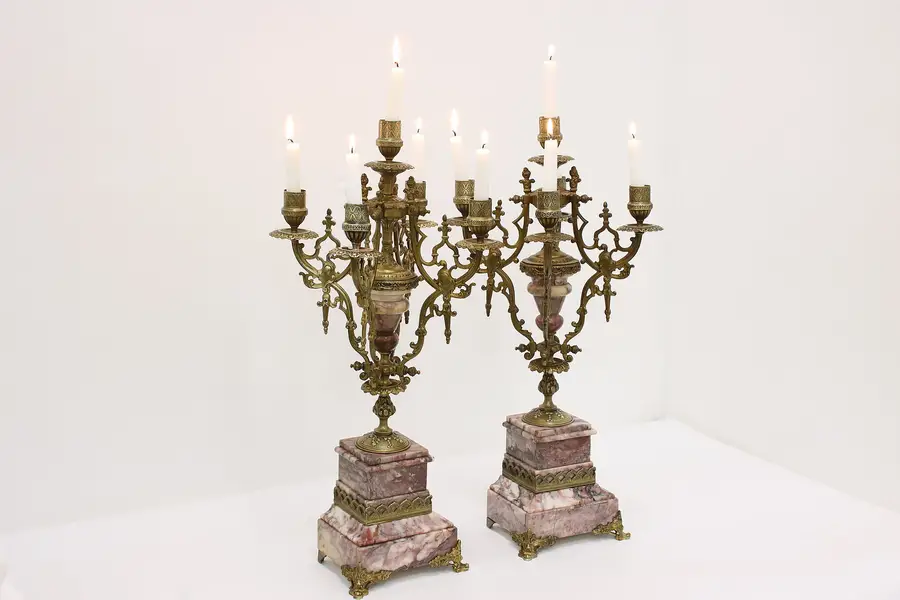 Photo of Pair of French Antique Bronze & Marble Mantel Candelabras