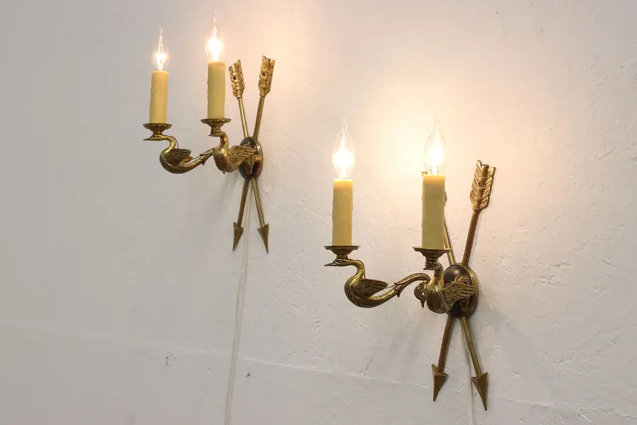 Photo of Pair of French Empire Vintage Brass Candle Sconces, Swans