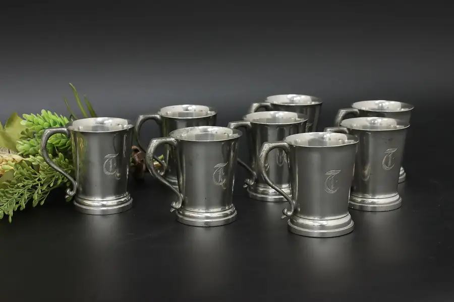 Photo of Set of 8 Vintage Pewter Shot Glasses, Monogram T, Pilgrim