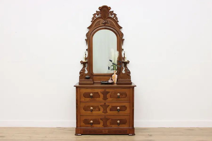 Photo of Victorian Antique Walnut Dresser Chest, Mirror Secret Drawer