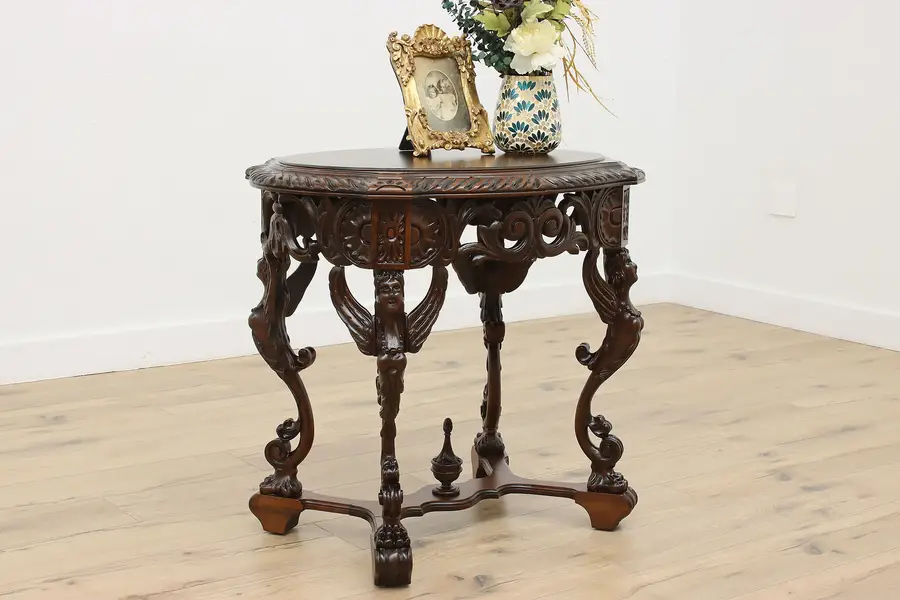 Photo of Renaissance Antique Walnut Center or Lamp Table, Phoenixes