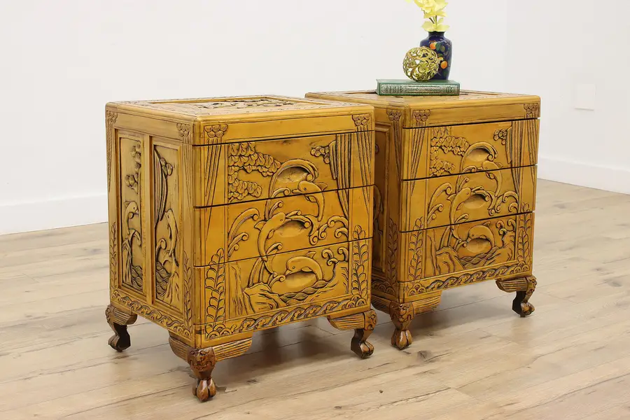 Photo of Pair of Chinese Vintage Carved Nightstands or End Tables