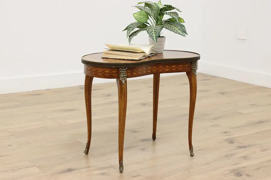 Photo of French Antique Mahogany & Inlay Kidney Side End Table Marble