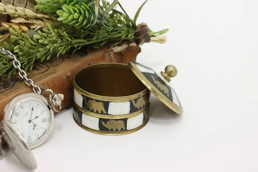 Photo of Indian Bronze Mother of Pearl Trinket Jewelry Jar, Elephants