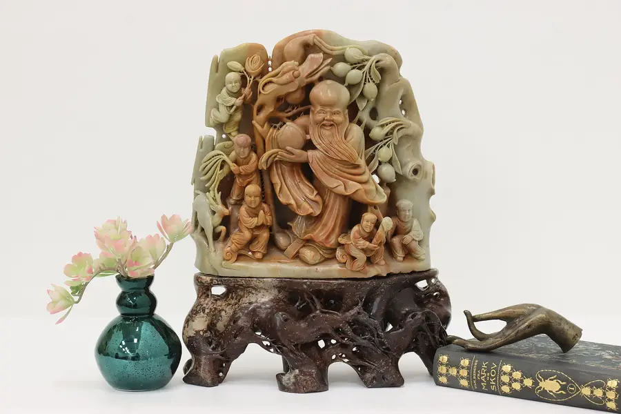 Photo of Chinese Vintage Carved Soapstone Shou Lao God Sculpture 17"