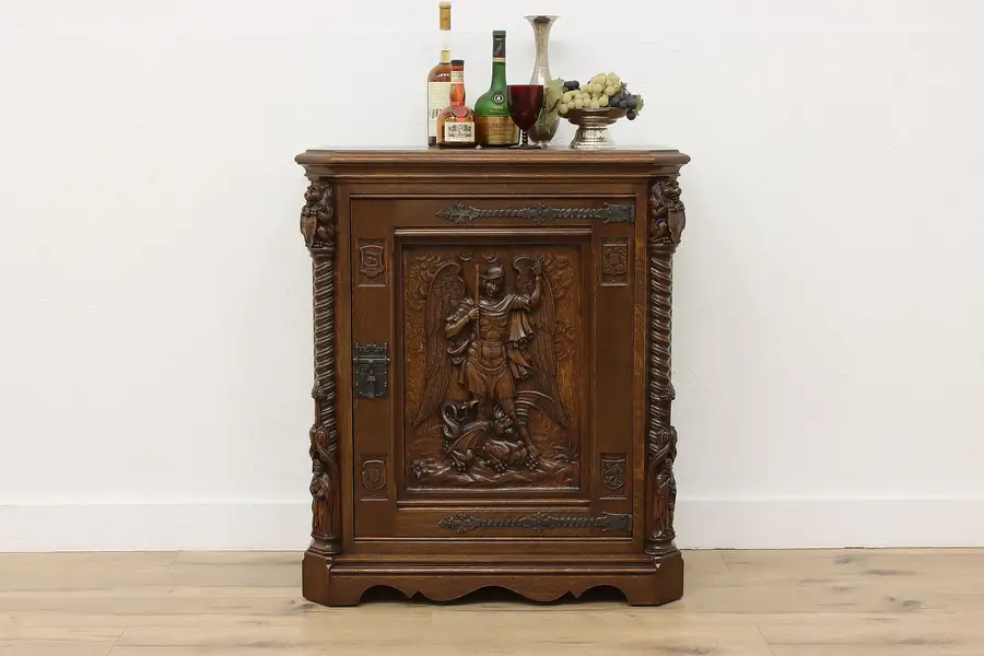 Photo of St. George & The Dragon Antique Carved Oak Bar Hall Cabinet