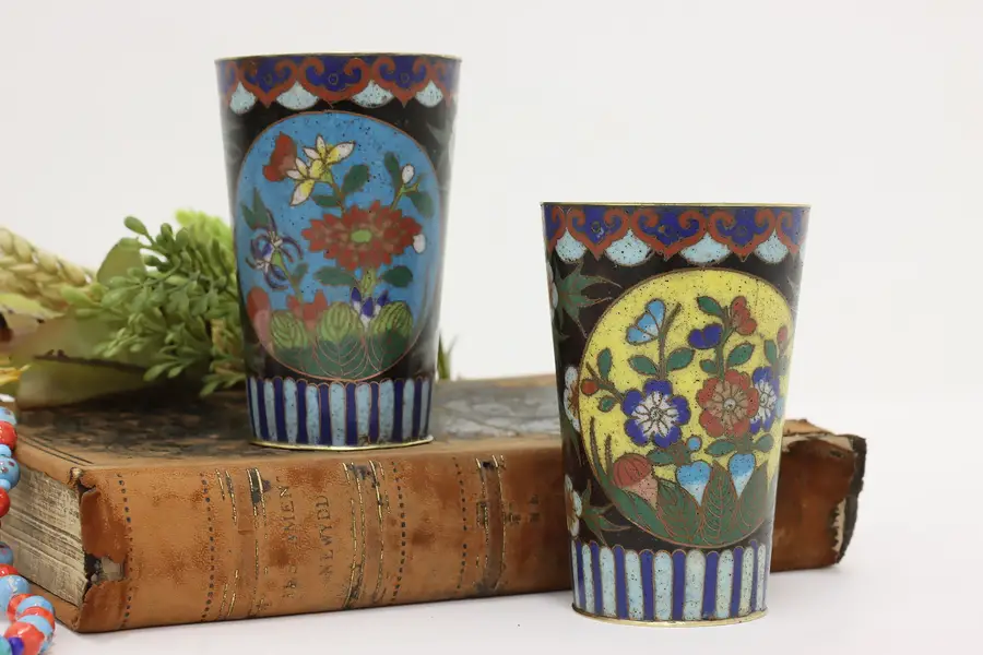 Photo of Pair Asian Antique Cloisonne Inlaid Enamel Decorative Cups