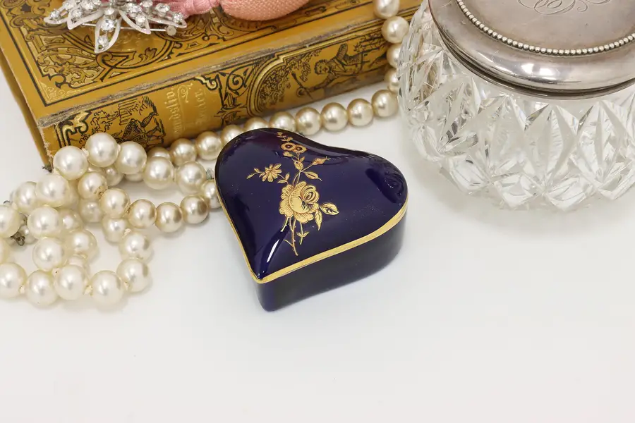 Photo of French Vintage Limoges Cobalt 22K Gold Trinket Heart Box