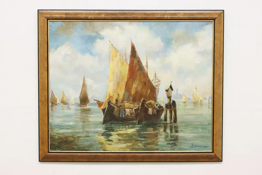 Photo of Houseboats Harbor Vintage Original Oil Painting Zamorro 44"