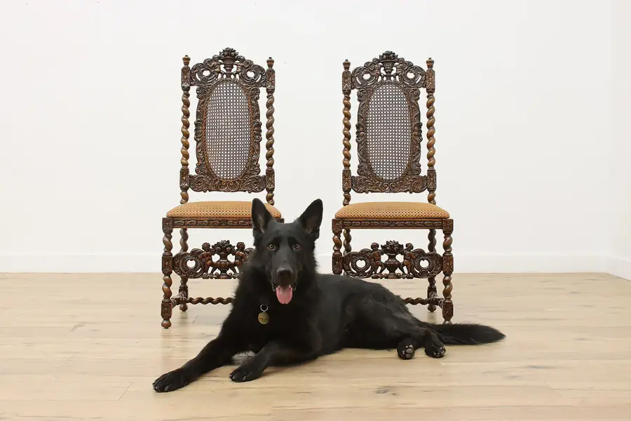 Photo of Pair of Renaissance Antique Carved Oak Leather Dining Chairs