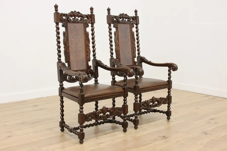 Photo of Pair of Antique Carved Oak & Leather Dining or Throne Chairs