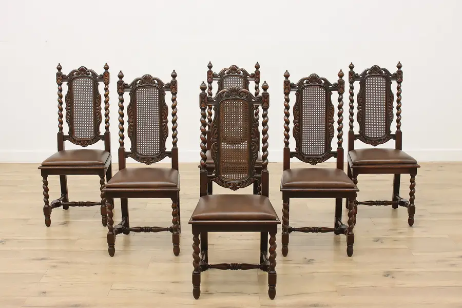 Photo of Set 6 Renaissance Antique Carved Oak Dining Chairs Leather