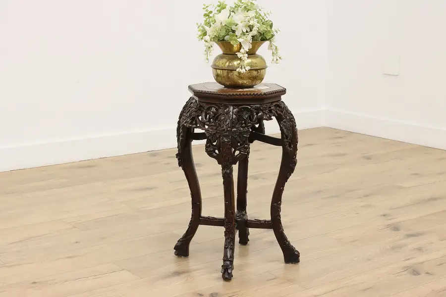Photo of Asian Carved Rosewood Antique Marble Top Plant Statue Stand