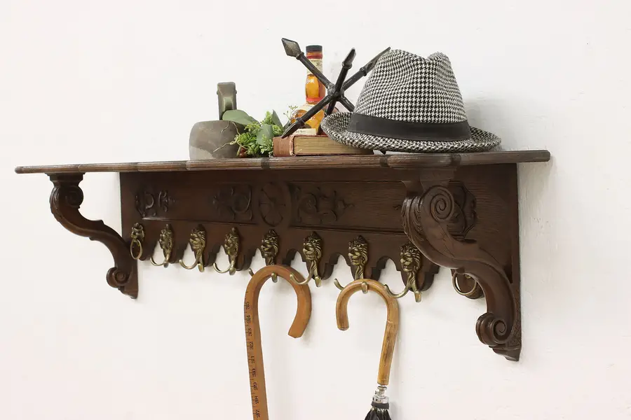 Photo of Renaissance Antique Oak Wall Shelf & Coat Rack, Lion Heads