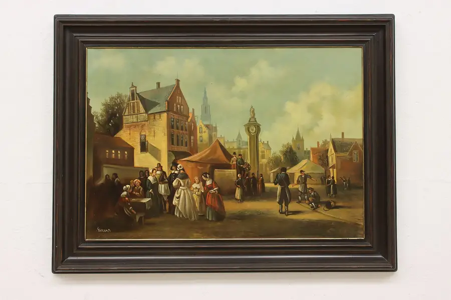 Photo of Village Festival Vintage Original Oil Painting Muzaros 48.5"