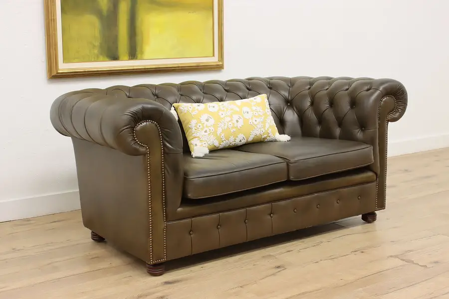 Photo of English Vintage Tufted Leather Chesterfield Sofa or Loveseat