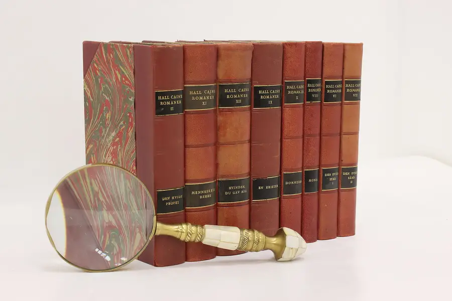Photo of Set of 8 Antique Danish Hall Caine Leatherbound Books