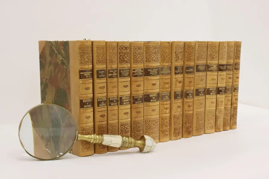 Photo of Set of 14 Antique Danish Gold Tooled Leatherbound Books