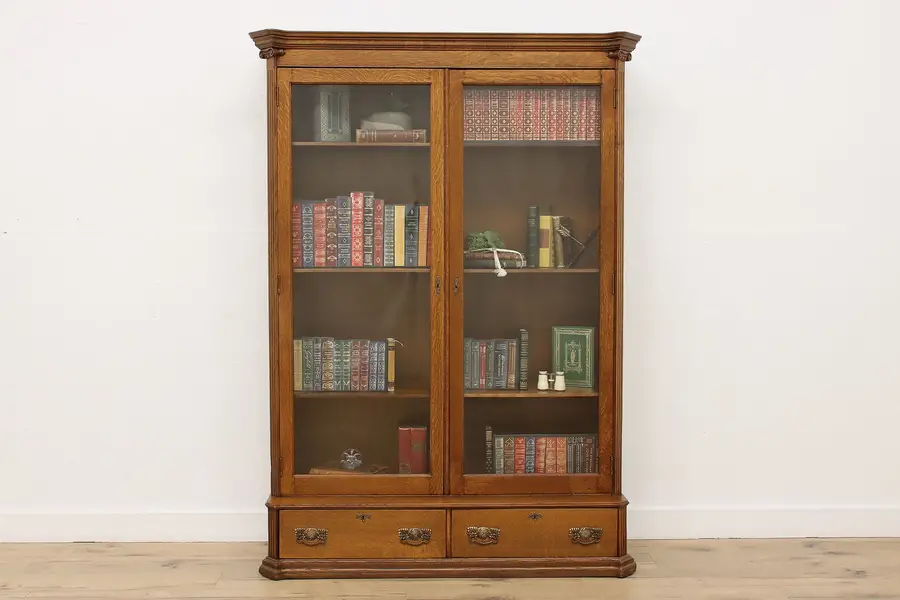 Photo of Victorian Antique Oak Library or Office Bookcase Display Bar