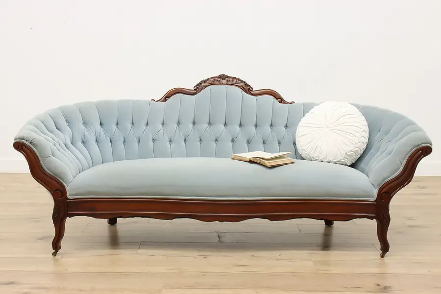 Photo of Victorian Antique Carved Mahogany Tufted Velvet Sofa Couch