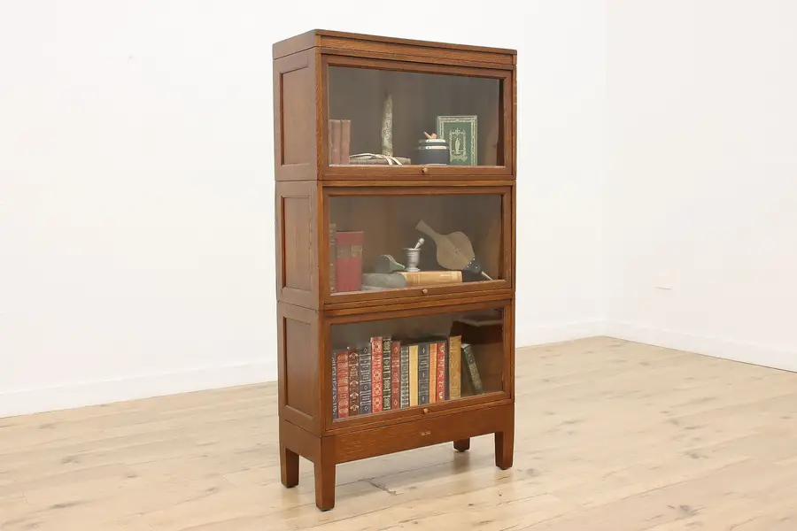 Photo of Arts, Crafts Antique Oak Large 3 Stack Lawyer Bookcase Globe