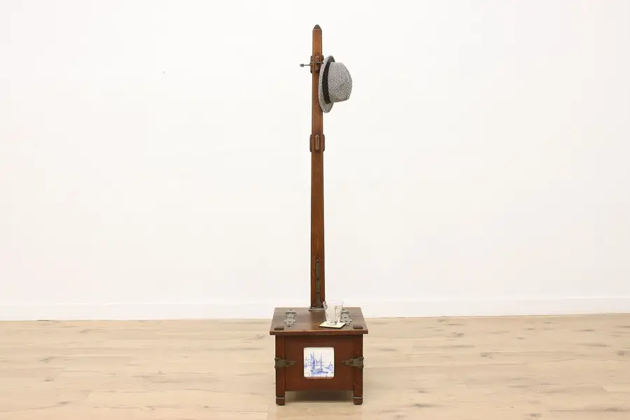 Photo of Arts & Crafts Mission Oak Antique Hall Tree Coat Stand Tiles