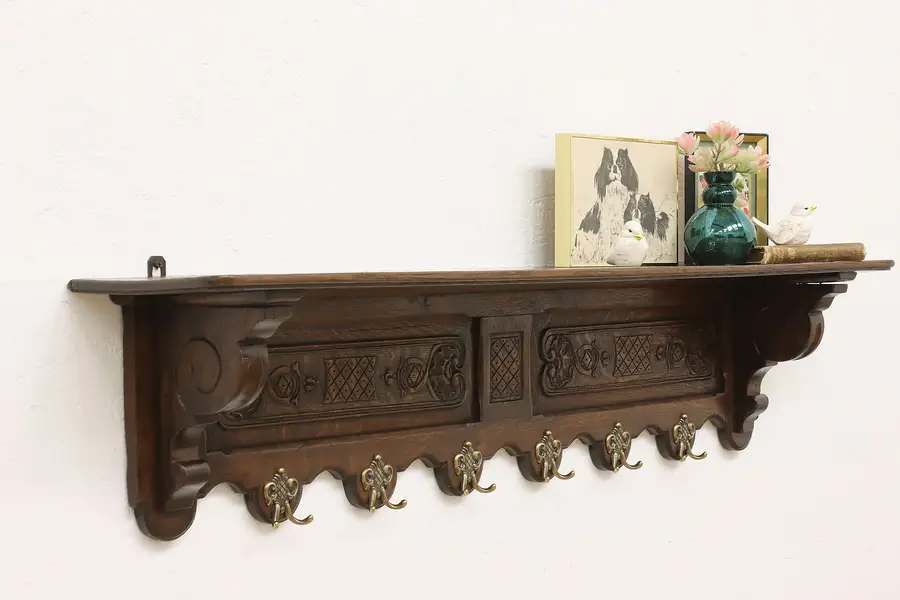 Photo of Dutch Antique Carved Oak Wall Coat Rack & Shelf or Mantel