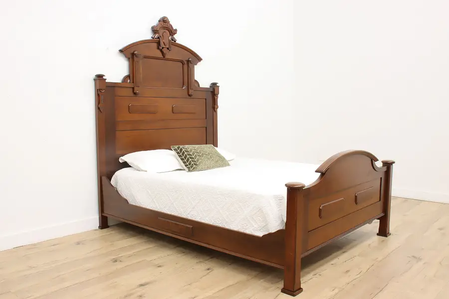 Photo of Victorian Antique Walnut Queen Size Bed, Carved Crest