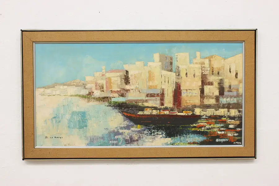 Photo of Harbor & City Vintage Original Oil Painting Burgt 54"