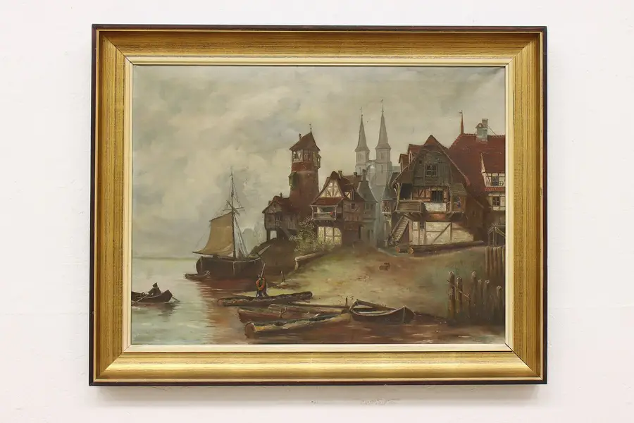 Photo of Foggy Town Harbor Antique Original Oil Painting Signed 37.5"
