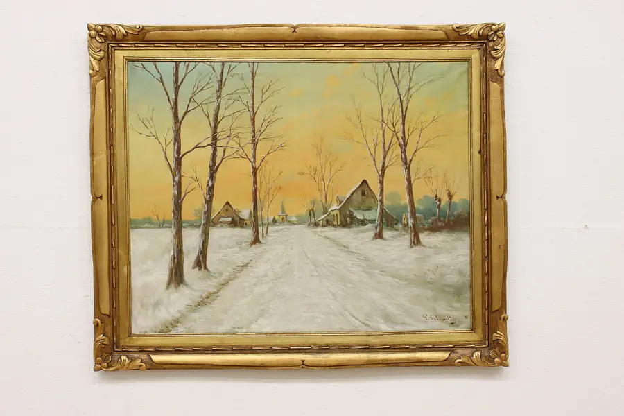 Photo of Snowy Road to Home Antique Original Oil Painting Signed 47"