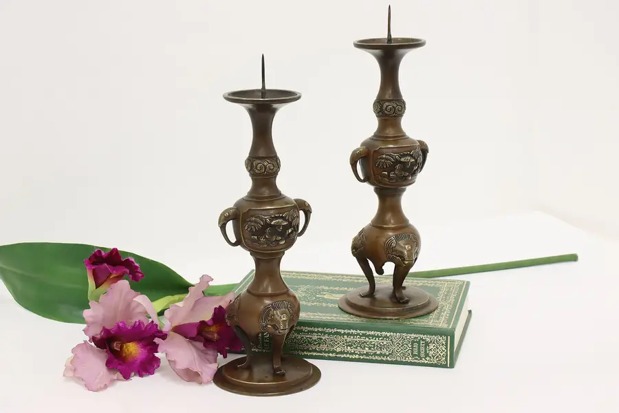 Photo of Pair of Japanese Antique Bronze Candlesticks, Figures
