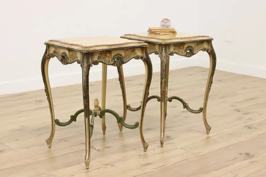 Photo of Pair of Hand Painted Vintage Side or End Tables Marble Tops