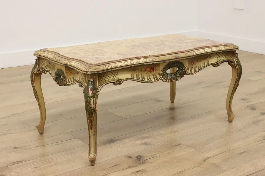 Photo of French Design Vintage Hand Painted Coffee Table, Marble Top