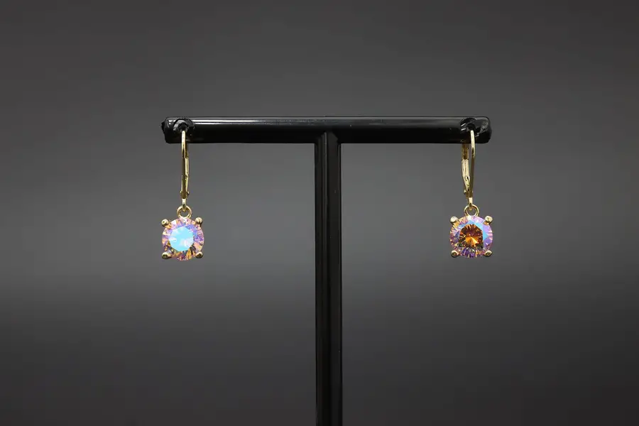 Photo of Sterling Silver Iridescent Pink Gemstone Drop Hoop Earrings